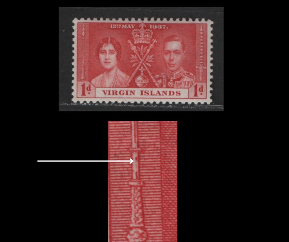 Virgin Islands #73var 1d Carmine Red King George VI & Queen Elizabeth, 1937 Coronation Issue, A VFOG Single Showing Break In Middle Line At Base Of Sceptre