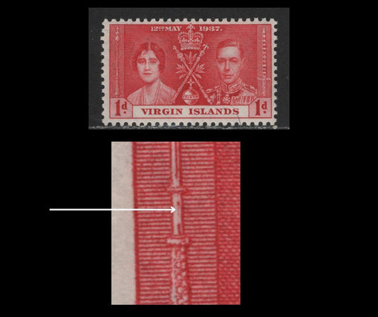 Lot 609 Virgin Islands #73var 1d Carmine Red King George VI & Queen Elizabeth, 1937 Coronation Issue, A Fine OG Single Showing Break In Middle Line At Base Of Sceptre