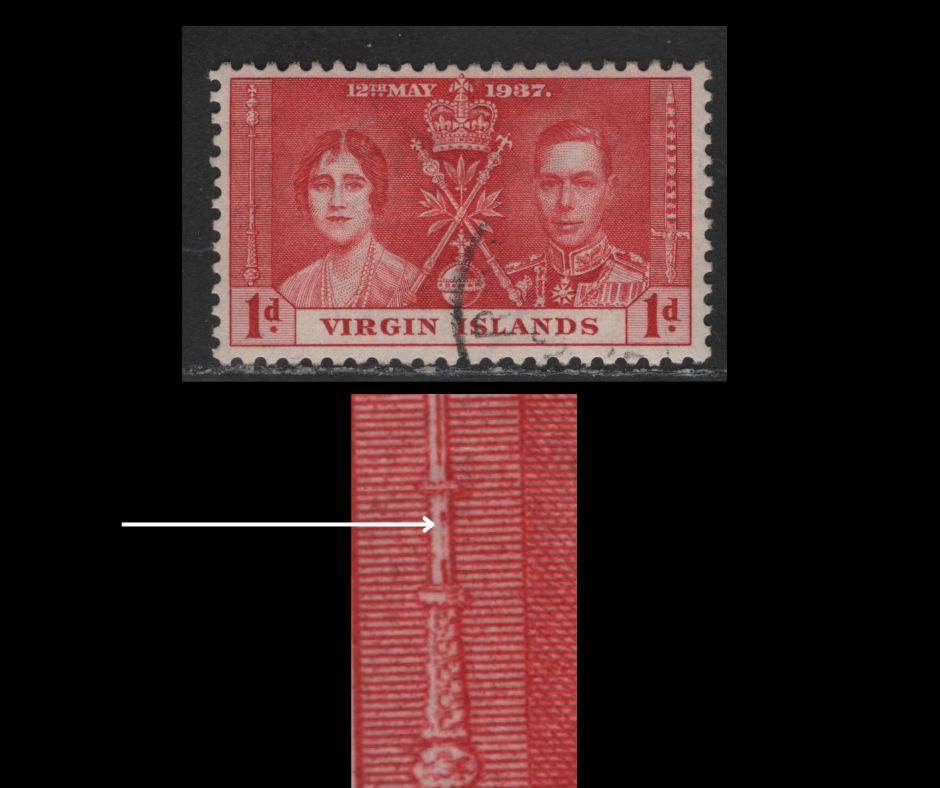 Lot 610 Virgin Islands #73var 1d Carmine Red King George VI & Queen Elizabeth, 1937 Coronation Issue, A VF Used Single Showing Break In Middle Line At Base Of Sceptre