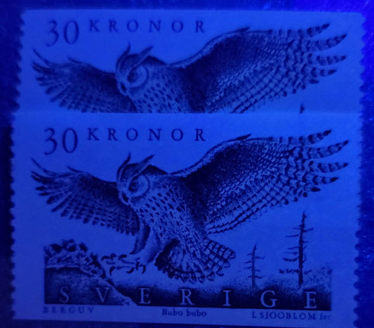 Sweden SC#1761 30Kr Multicoloured 1989 Eagle Owl High Value Definitive Issue, On NF and DF Papers, 2 VFNH Singles, Click on Listing to See ALL Pictures, Estimated Value $25