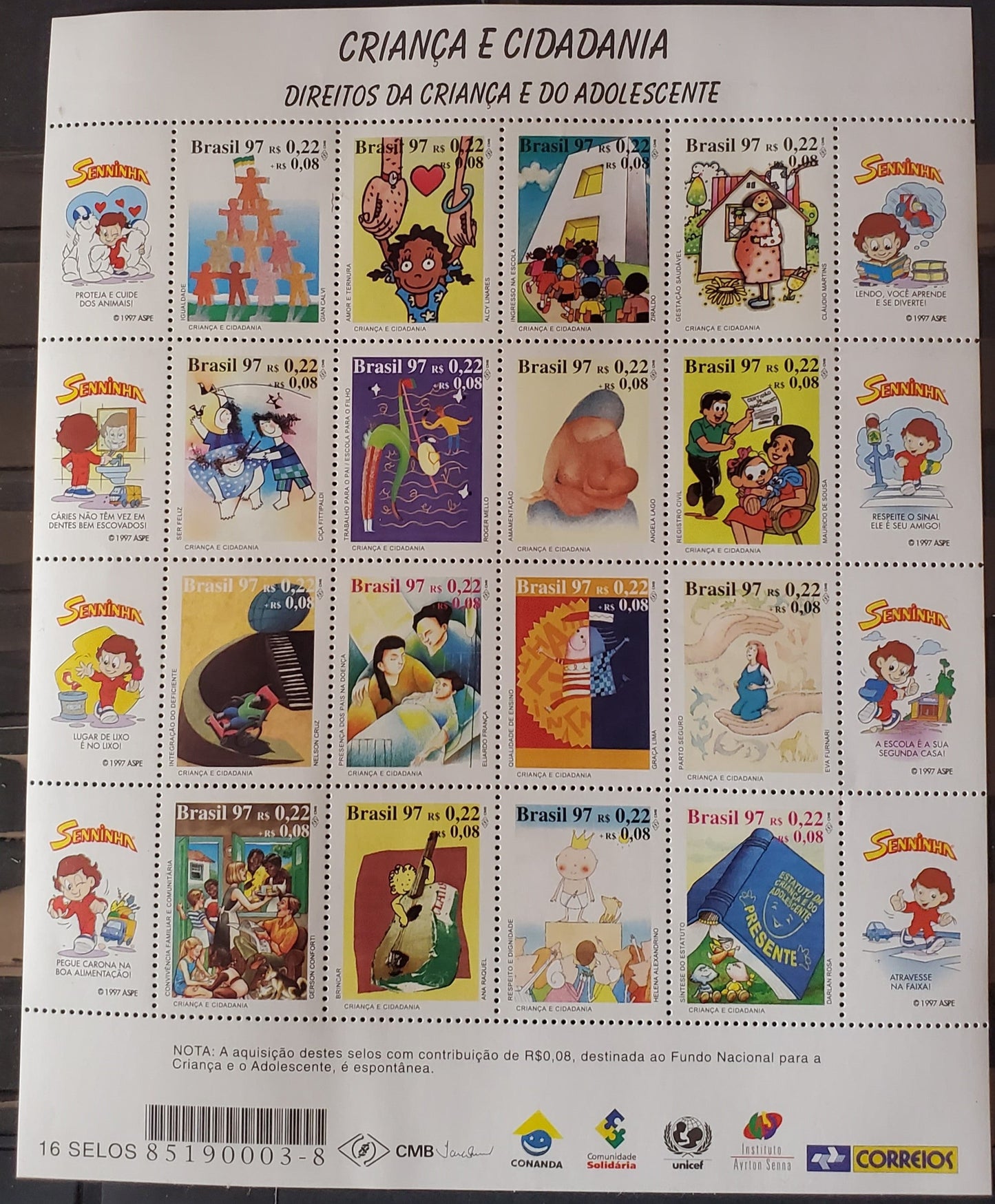 Brazil SC#B12-B12 1997 Children & Citizenship Issue, A  VFNH Sheet of 16, Click on Listing to See ALL Pictures, 2017 Scott Cat. $15