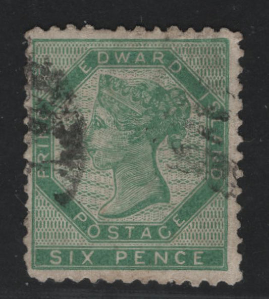 Lot 8 Prince Edward Island #7a 6d Blue Green Queen Victoria, 1862-1865 Pence Issue, A Good Used Single Perf. 12, Very Small Pinpoint Thin