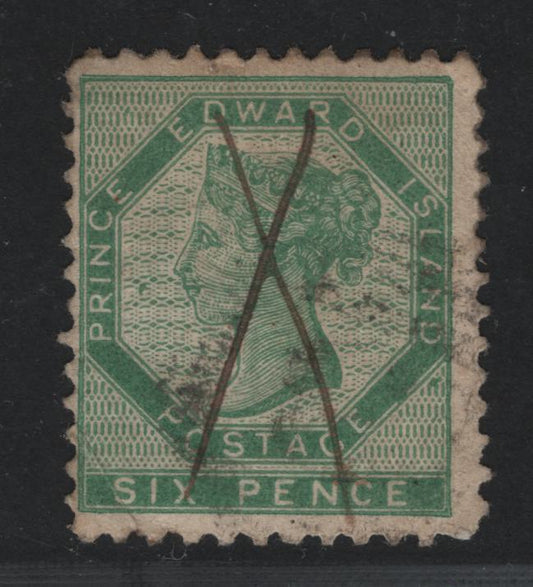 Lot 9 Prince Edward Island #7a 6d Blue Green Queen Victoria, 1862-1865 Pence Issue, A VG Used Single Perf. 11.5 x 12, Light Creases At LL & UR Corners