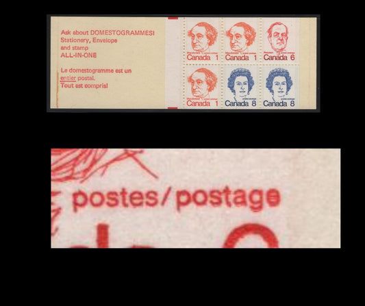 Lot 113 Canada #BK74kivar 1c, 6c, 8c Orange - Royal Blue John A. Macdonald - Queen Elizabeth II, 1973-1978 Caricature Issue, A VFNH Complete Booklet NF Cover, Clear Sealer, NF Pane, Strong Extra Tag Down End Stamps, Re-Entry In "AGE" Of "Postage"