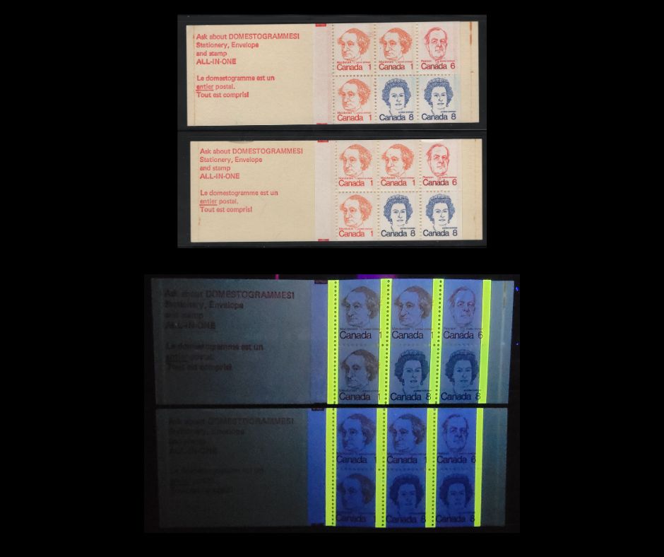 Canada #BK74a, l var 1c, 6c, 8c Orange - Royal Blue John A. Macdonald - Queen Elizabeth II, 1973-1978 Caricature Issue, 2 VFNH Complete Booklets  DF Cover, DF & LF Panes, Clear Sealer, Scarcer Than Self-Sealer