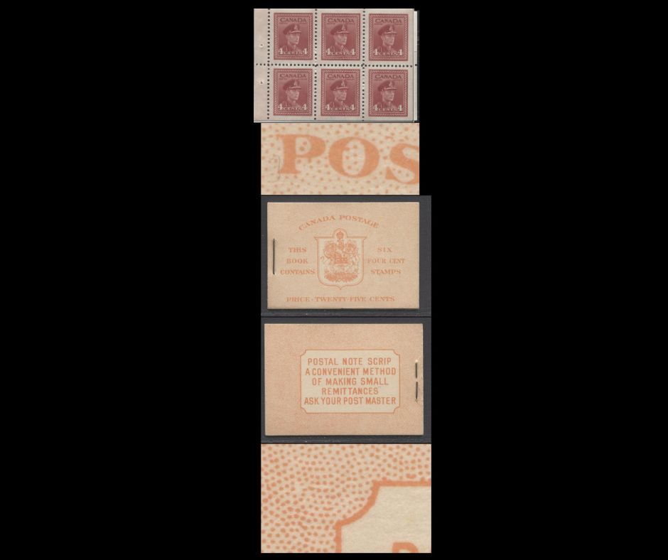 Canada #BK36gEIIiCbi 1942-1947 War Issue, A Complete 25c English Booklet, A Pane Of 6 4c Dark Carmine, Front Cover IIi, Back Cover Cbi, Type IIa, 7c & 6c Rate Page, 'Post Master' Two Words, 24,114,000 Issued, Horizontal Ribbed Paper