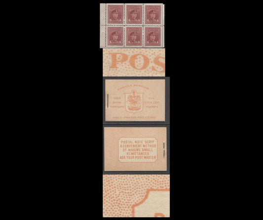 Canada #BK36gEIIiCbi 1942-1947 War Issue, A Complete 25c English Booklet, A Pane Of 6 4c Dark Carmine, Front Cover IIi, Back Cover Cbi, Type IIa, 7c & 6c Rate Page, 'Post Master' Two Words, 24,114,000 Issued, Horizontal Ribbed Paper