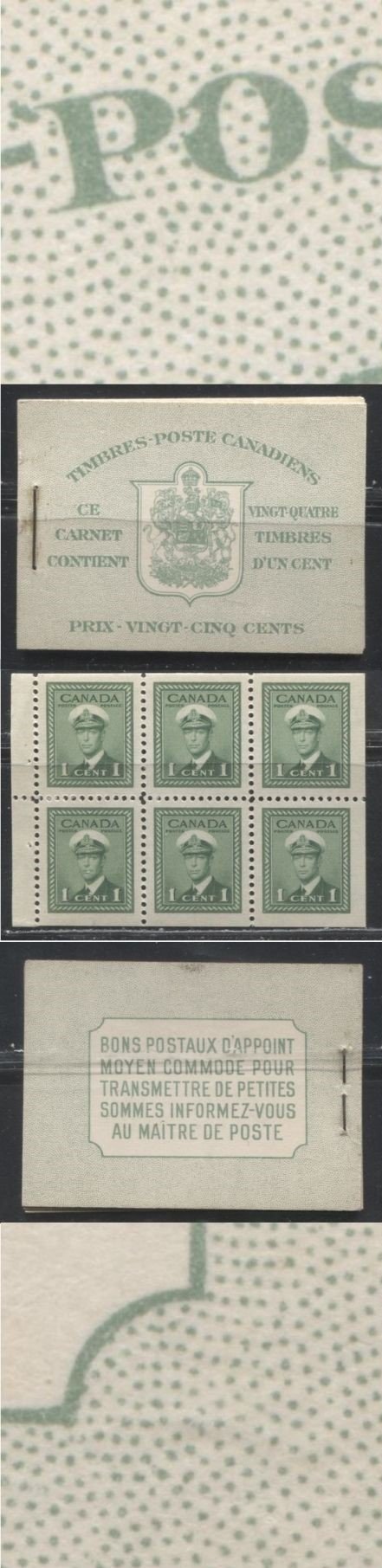 Canada #BK32dIIkDiii 1942-1949 War Issue, Complete 25¢ French Booklet, 4 Panes of 1c Green,  Ribbed Vertical Wove Paper, Harris Front Cover Type IIk, Back Cover Type Diii, 7c & 6c Airmail Rates Page