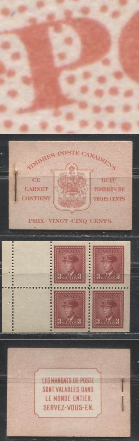 Canada #BK34cIIo (McCann #34fIIo) 1942-1949 War Issue, Complete 25¢ French Booklet, 2 Panes of 3c Carmine-Red, Smooth Vertical Wove Paper, Harris Front Cover Type IIo, Back Cover Type B, 12 mm Staple, No Rate Page