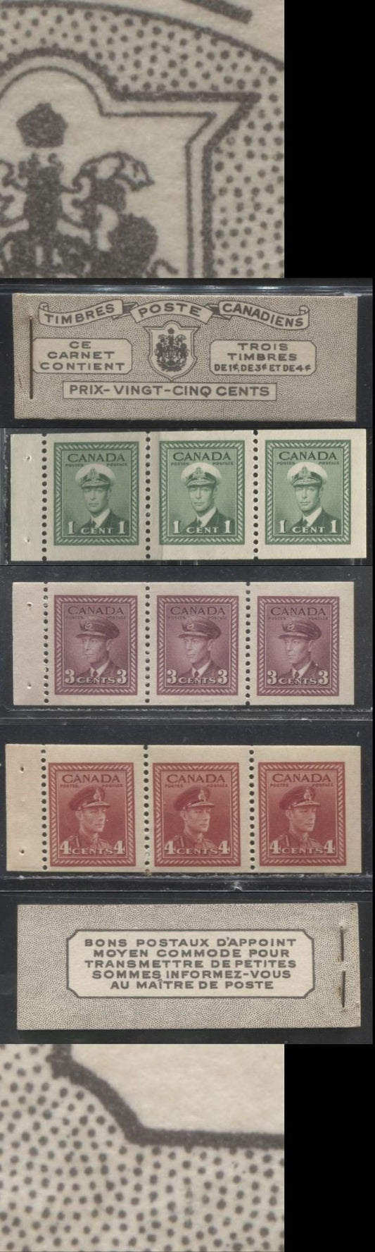 Lot 379 Canada #BK38a 1942-1949 War Issue Complete 25c, French Booklet Containing 1 Pane Each of 3 of 1c Green, 3c Rosy Plum and 4c Carmine Red, Harris Front Cover Type Ve , Back Cover Jv, 7c & 6c Rate Page, CBN-FFFFF Paper