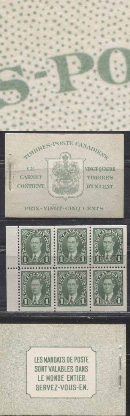 Canada #BK28bFIIj 1c Green King George VI 1937-1942 Mufti Issue, A VFNH Complete French Booklet Containing 4 Panes of 6, Cover type IIj, No Rate Page, Smooth Panes