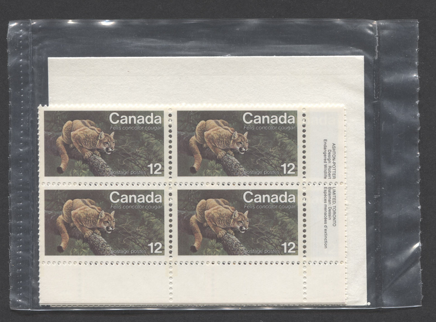 Lot 329 Canada #732 12c Multicoloured, Eastern Cougar, Sealed Pack of Inscription Blocks on DF/DF Paper, HF Type 3A Canada Post Insert, Extra Column of Tagging Dots