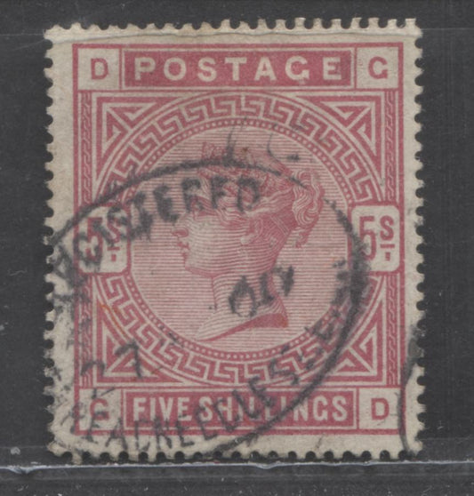 Great Britain SC#108 (SG#180) 5/- Rose 1883-1884 Postage & Revenue, Coloured Letters In The Corners , On White Paper, Large Anchor Watermark, A Very Good - Fine Used Example, Estimated Value $80