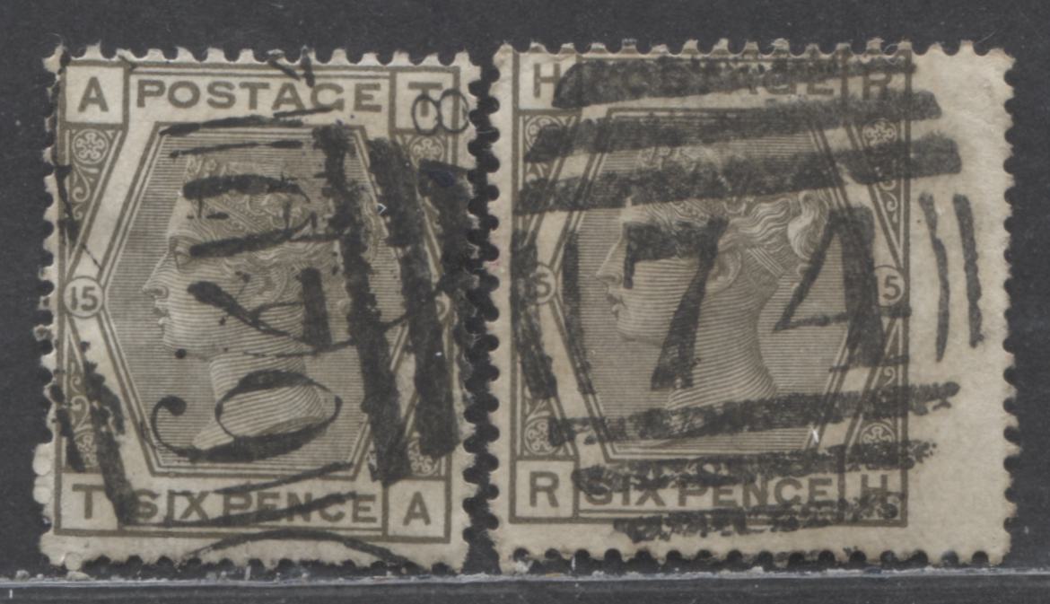 Great Britain SC#62 (SG#147) 6d Grey 1873-1880 Large Coloured Corner Letters, Plate 15 Printing, Spray Of Rose Wmk, 2 Very Good - Fine Used Examples, Click on Listing to See ALL Pictures, Estimated Value $60