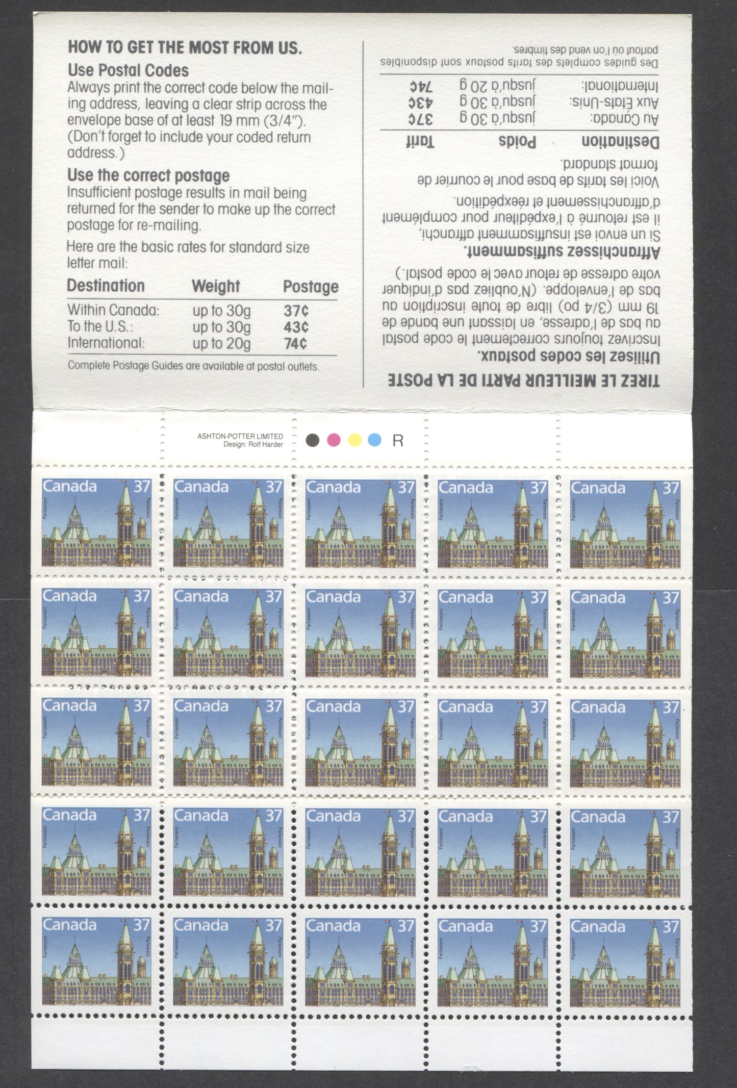 Canada #BK98a 37c Multicolored Parliament Building, 1987 Flag & Wildlife Issue, A VFNH Booklet Of 25 On DF/MF Rolland Paper, With Stamp Pack Text & MF Card Stock