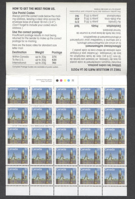 Canada #BK98a 37c Multicolored Parliament Building, 1987 Flag & Wildlife Issue, A VFNH Booklet Of 25 On DF/MF Rolland Paper, With Stamp Pack Text & MF Card Stock