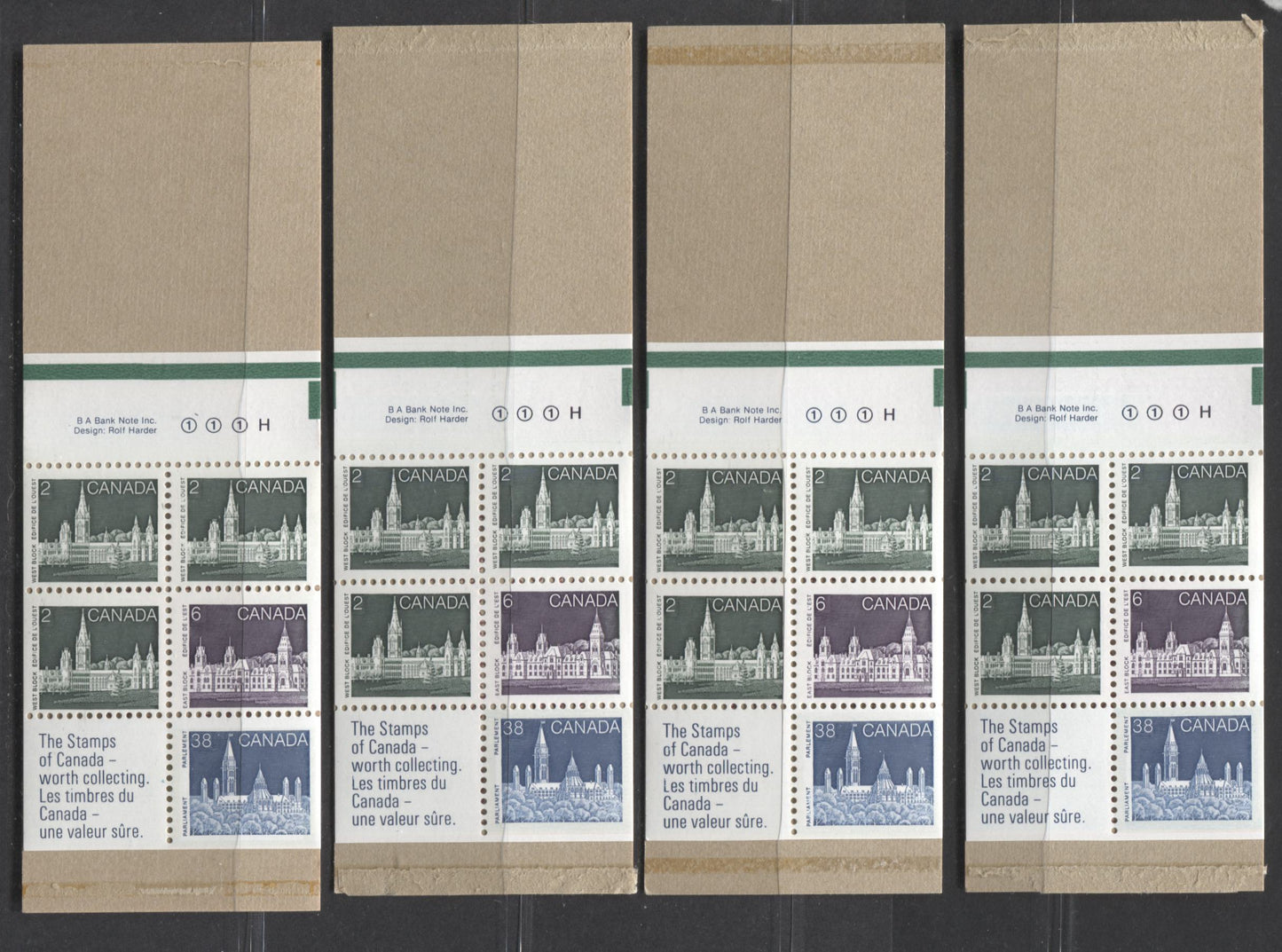 Lot 318 Canada #BK100avar 50c Slate Green, Dark Purple & Dark Blue Parliament Building, 1989 Flag & Wildlife Issue, 8 VFNH Booklets Of 5, 8 Different Cover Designs, DF Cover, LF Panes, Green Bar Is 14mm From Top Perfs, No Tag Bar On 3/1