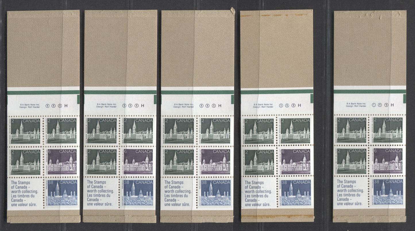 Lot 318 Canada #BK100avar 50c Slate Green, Dark Purple & Dark Blue Parliament Building, 1989 Flag & Wildlife Issue, 8 VFNH Booklets Of 5, 8 Different Cover Designs, DF Cover, LF Panes, Green Bar Is 14mm From Top Perfs, No Tag Bar On 3/1
