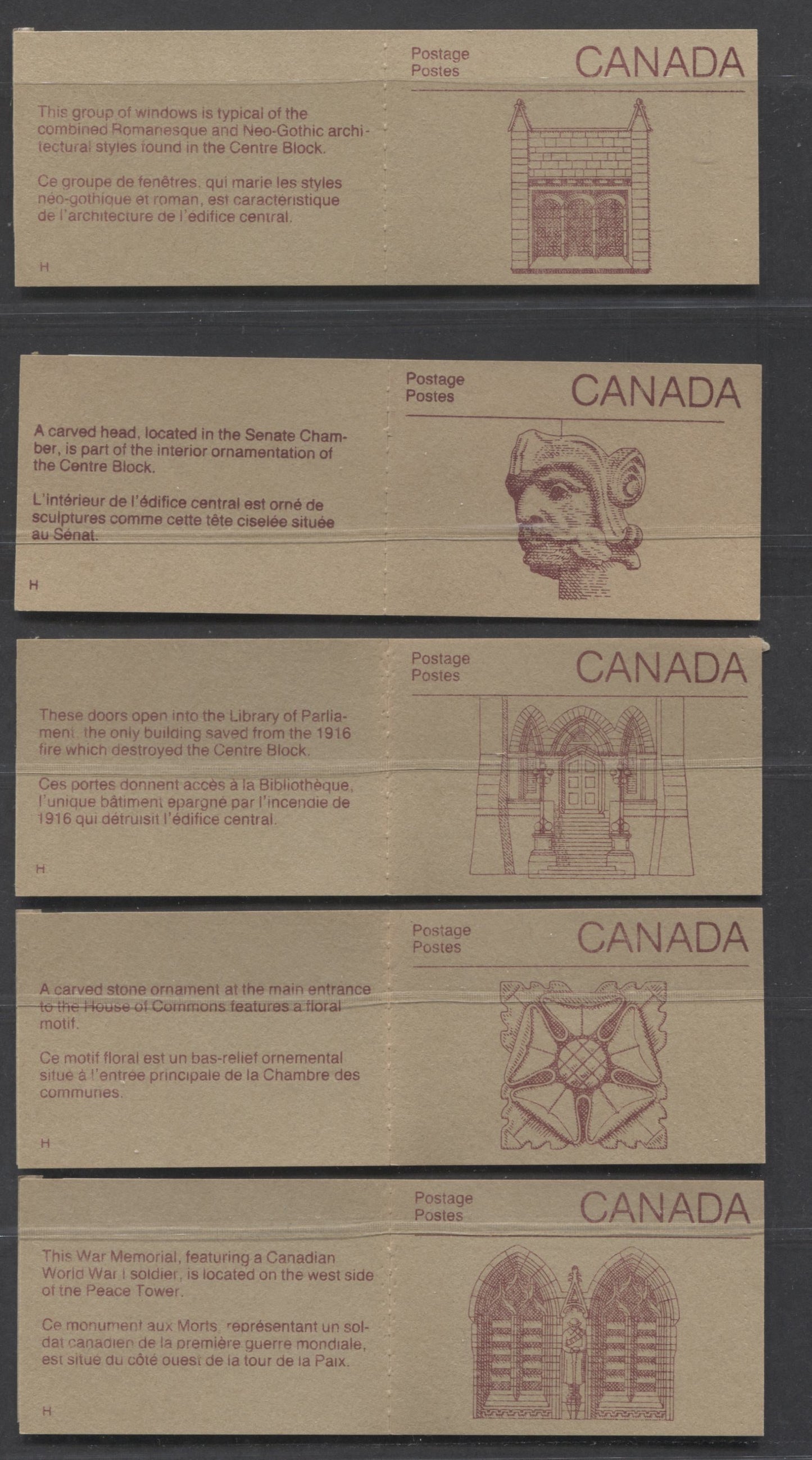 Lot 318 Canada #BK100avar 50c Slate Green, Dark Purple & Dark Blue Parliament Building, 1989 Flag & Wildlife Issue, 8 VFNH Booklets Of 5, 8 Different Cover Designs, DF Cover, LF Panes, Green Bar Is 14mm From Top Perfs, No Tag Bar On 3/1
