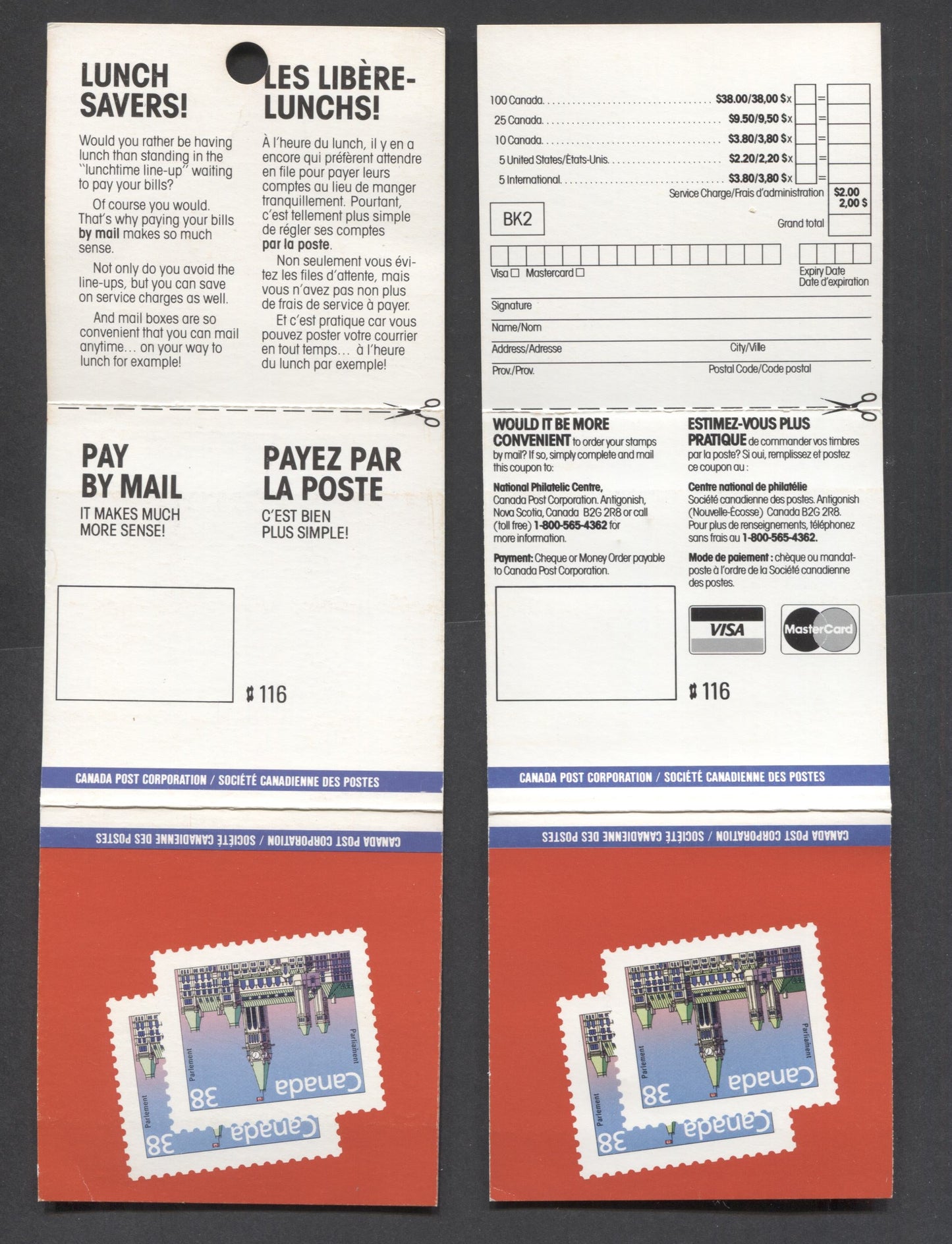 Canada #BK101a-b 38c Multicolored Parliament Building, 1988 Flag & Wildlife Issue, 2 VFNH Booklets Of 10 + Labels With Glossy & Matte Covers, Stamps By Mail & Lunch Saver Texts,Unsurgaced & Surfaced/Glossy Covers, LF Stock