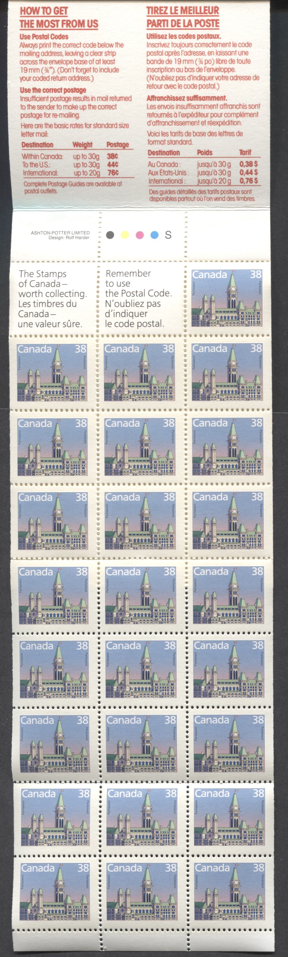 Canada #BK103b 38c Multicolored Parliament Building, 1988 Flag & Wildlife Issue, A VFNH Booklet Of 25 + Labels, DF Matte/Glossy Cover, Lunch Saver Text