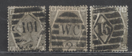 Great Britain SC#62 (SG#147) 6d Grey 1873-1880 Large Coloured Corner Letters, Plate 16 Printing, Spray Of Rose Wmk, 3 Very Good Used Examples, Click on Listing to See ALL Pictures, Estimated Value $67