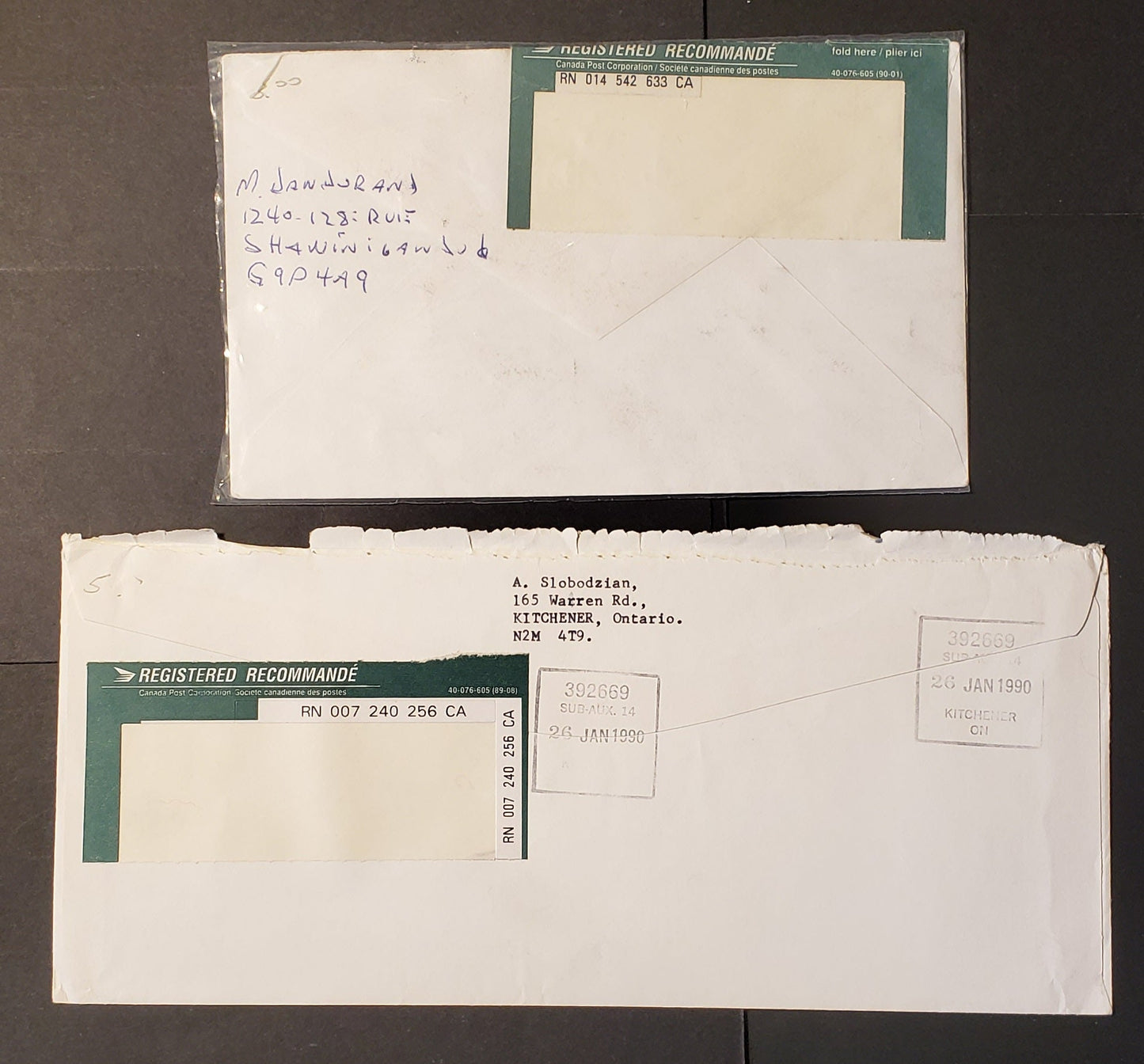 Canada #1155-1157, 1159, 1172, 1181-1182 $1-$2 High Value Definitives, 1988-1992 Mammal and Architecture Issue, Combination Use on Two Registered Domestic Covers