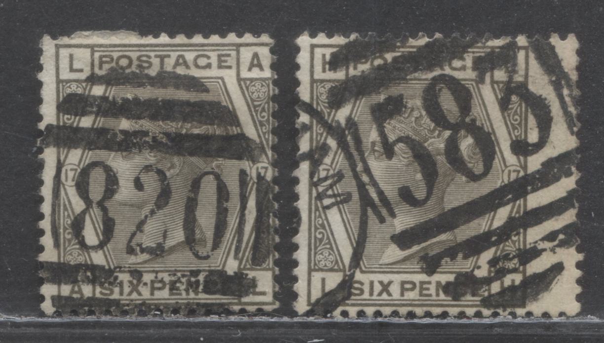 Great Britain SC#62 (SG#147) 6d Grey 1873-1880 Large Coloured Corner Letters, Plate 17 Printing, Spray Of Rose Wmk, 2 Very Good Used Examples, Click on Listing to See ALL Pictures, Estimated Value $90