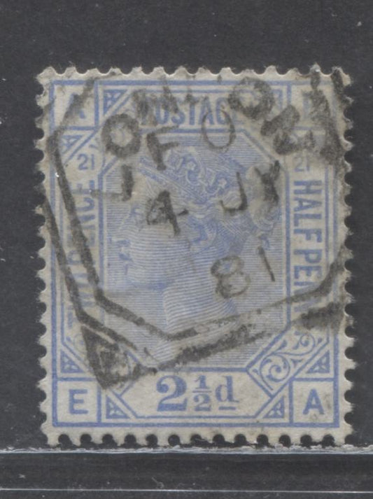 Great Britain SC#82 (SG#157) 2 1/2d Blue 1880-1883 Large Coloured Corner Letters, Plate 21 Printing, Imperial Crown Wmk, July 4,1881 , London Squared Circle Cancel, A Very Fine Used Example, Estimated Value $45