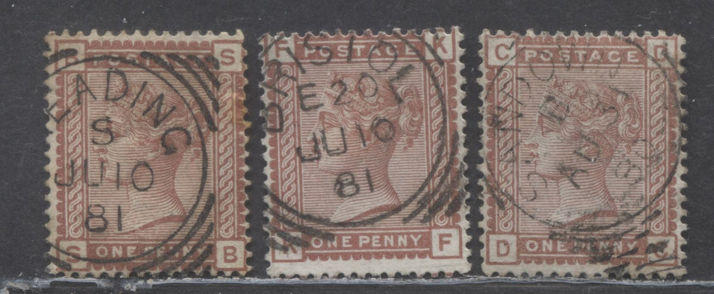 Great Britain SC#79 (SG#166) 1d Venetian Red 1880-1881 Postage Issue , Imperial Crown Wmk, Reading, Bristol & Sandown Cancels, 3 Fine Used Examples, Click on Listing to See ALL Pictures, Estimated Value $22