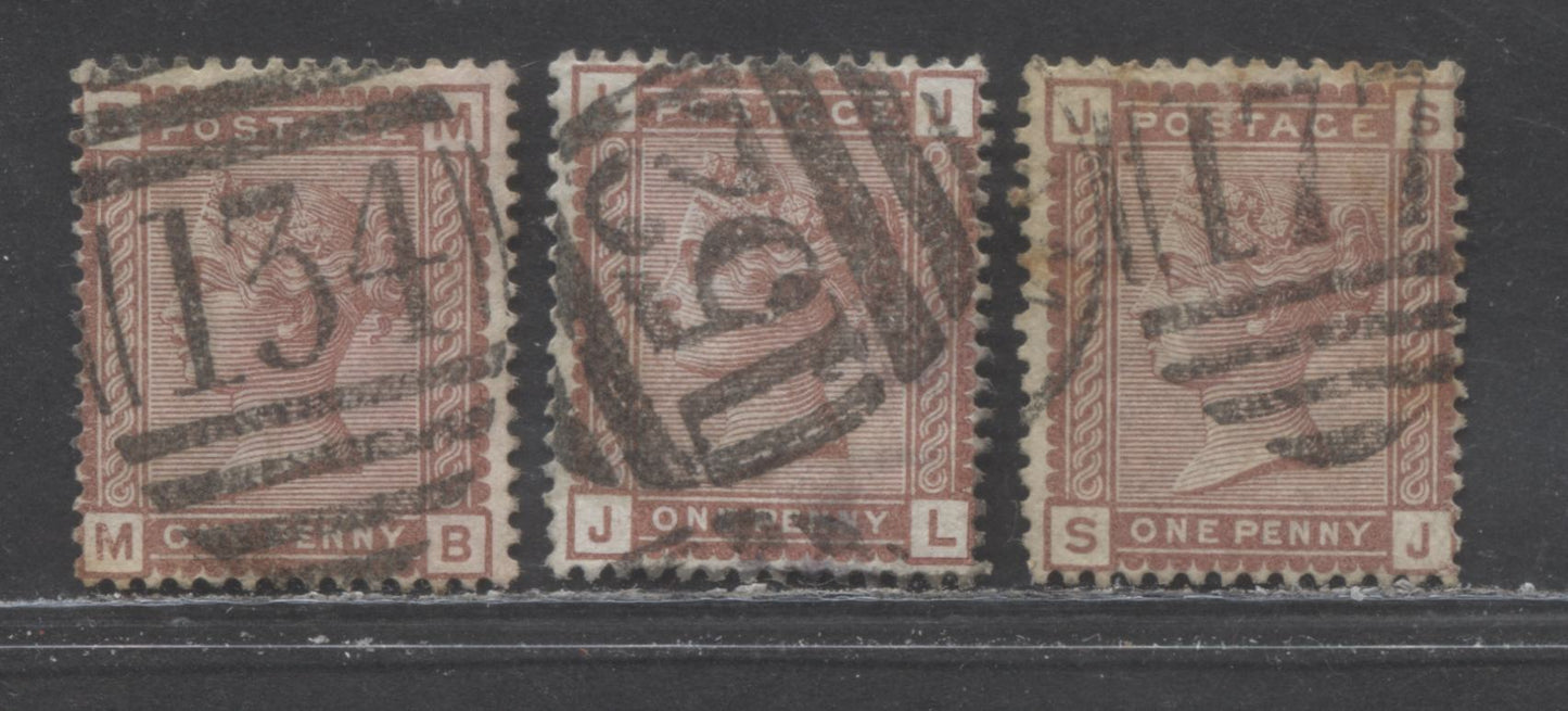 Great Britain SC#79 (SG#166) 1d Venetian Red 1880-1881 Postage Issue , Imperial Crown Wmk, England & Wales Cancels, 3 Very Good - Fine Used Examples, Click on Listing to See ALL Pictures, Estimated Value $15