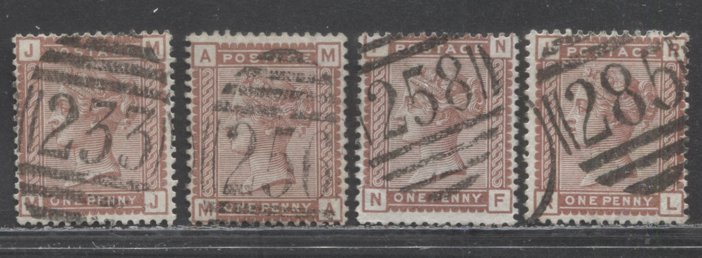 Great Britain SC#79 (SG#166) 1d Red Brown 1880-1881 Postage Issue , Imperial Crown Wmk, England & Wales Cancels, 4 Very Good - Fine Used Examples, Click on Listing to See ALL Pictures, Estimated Value $20