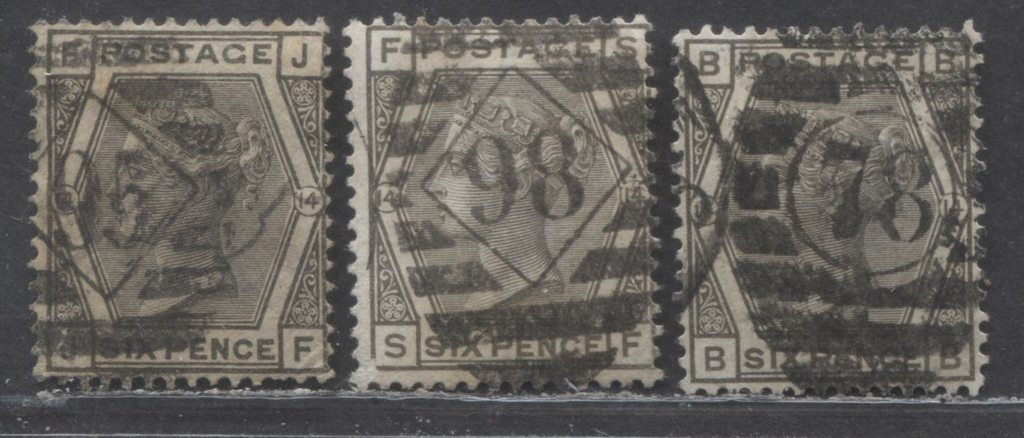 Great Britain SC#62 (SG#147) 6d Grey 1873-1880 Large Coloured Corner Letters, Plate 14 Printing, Spray Of Rose Wmk, London District Cancels #78,#95,#98, 3 Very Good Used Examples, Estimated Value $68