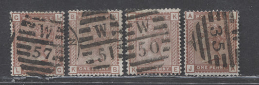 Lot 4 Great Britain SC#79 (SG#166) 1d Red Brown 1880-1881 Postage Issue , Imperial Crown Wmk, London District Barred Oval Cancels, 4 Very Good - Fine Used Examples, Click on Listing to See ALL Pictures, Estimated Value $20