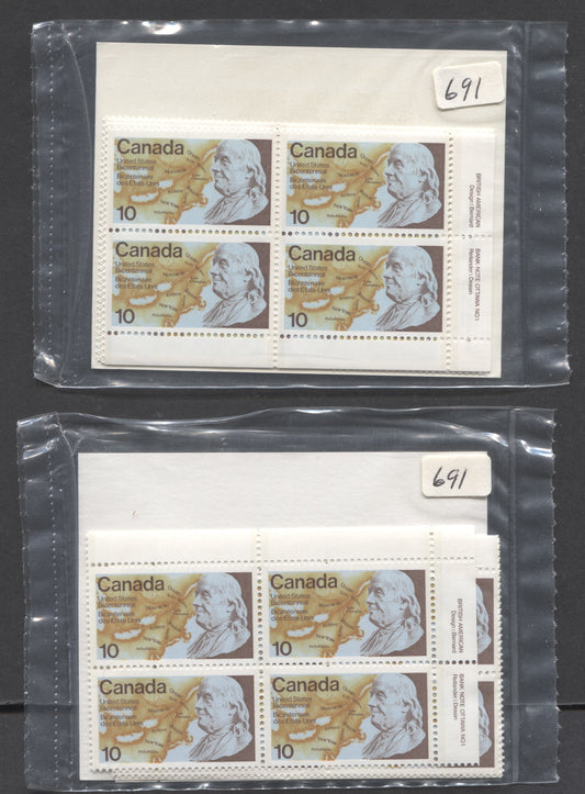 Canada #691 10c Multicolored Benjamin Franklin & Map, 1976 United States Bicentennial, 2 VFNH Sealed Packs Of Plate Blocks On LF Paper With LF & DF Insert Cards, Type 2A, Unitrade Cat. As Blocks $18