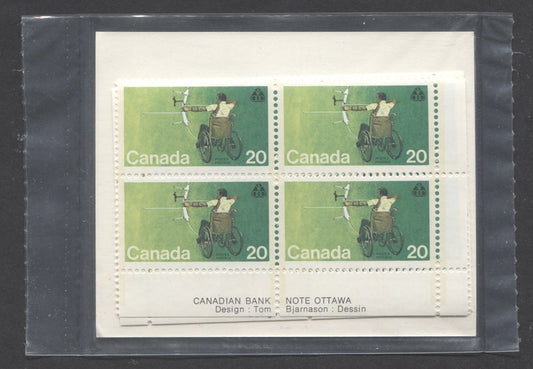 Canada #694 20c Green & Multicolored Archer In Wheelchair, 1976 Handicapped Olympics, A VFNH Sealed Pack Of Plate Blocks On DF/DF Paper With Type 3B DF Insert Card, Unitrade Cat. As Blocks $17