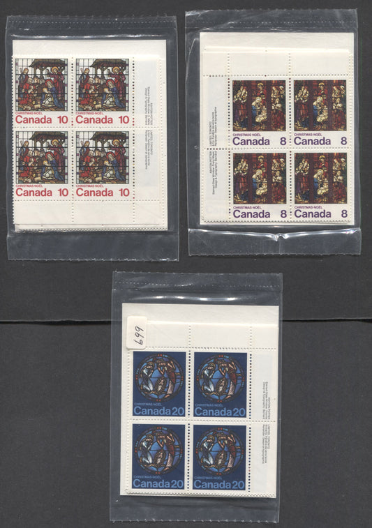 Canada #697-699 8c - 20c Multicolored St Michaels - Nativity, 1976 Christmas, 3 VFNH Sealed Packs Of Plate Blocks On DF Papers With Type 3B HB Insert Cards, Unitrade Cat. As Blocks $22