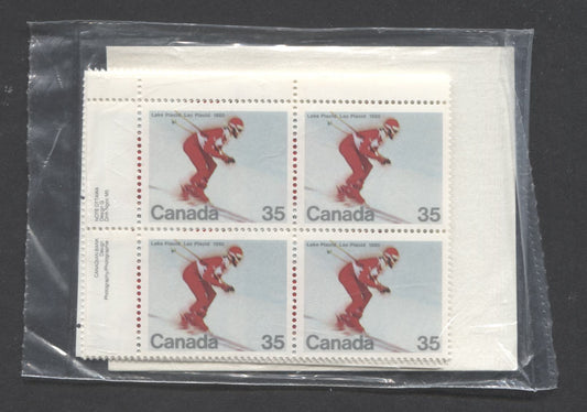 Canada #848 35c Multicolored Downhill Skier, 1980 Winter Olympics, A VFNH Sealed Pack Of Plate Blocks On DF/DF Paper With Type 4A LF Insert With Larger Font, Unitrade Cat. As Blocks $17