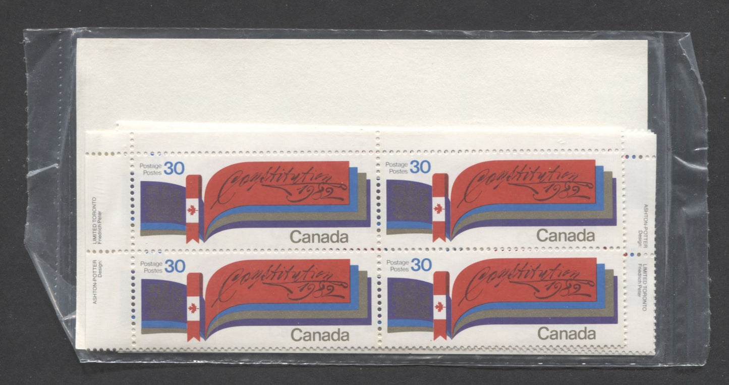 Canada #916 30c Multicoloured 1982 Repatriaton of Constitution Issue, Canada Post Sealed Pack of Inscription Blocks on DF/DF-fl Paper, With LF Type 4A  Insert Card, VFNH, Unitrade Cat. $12