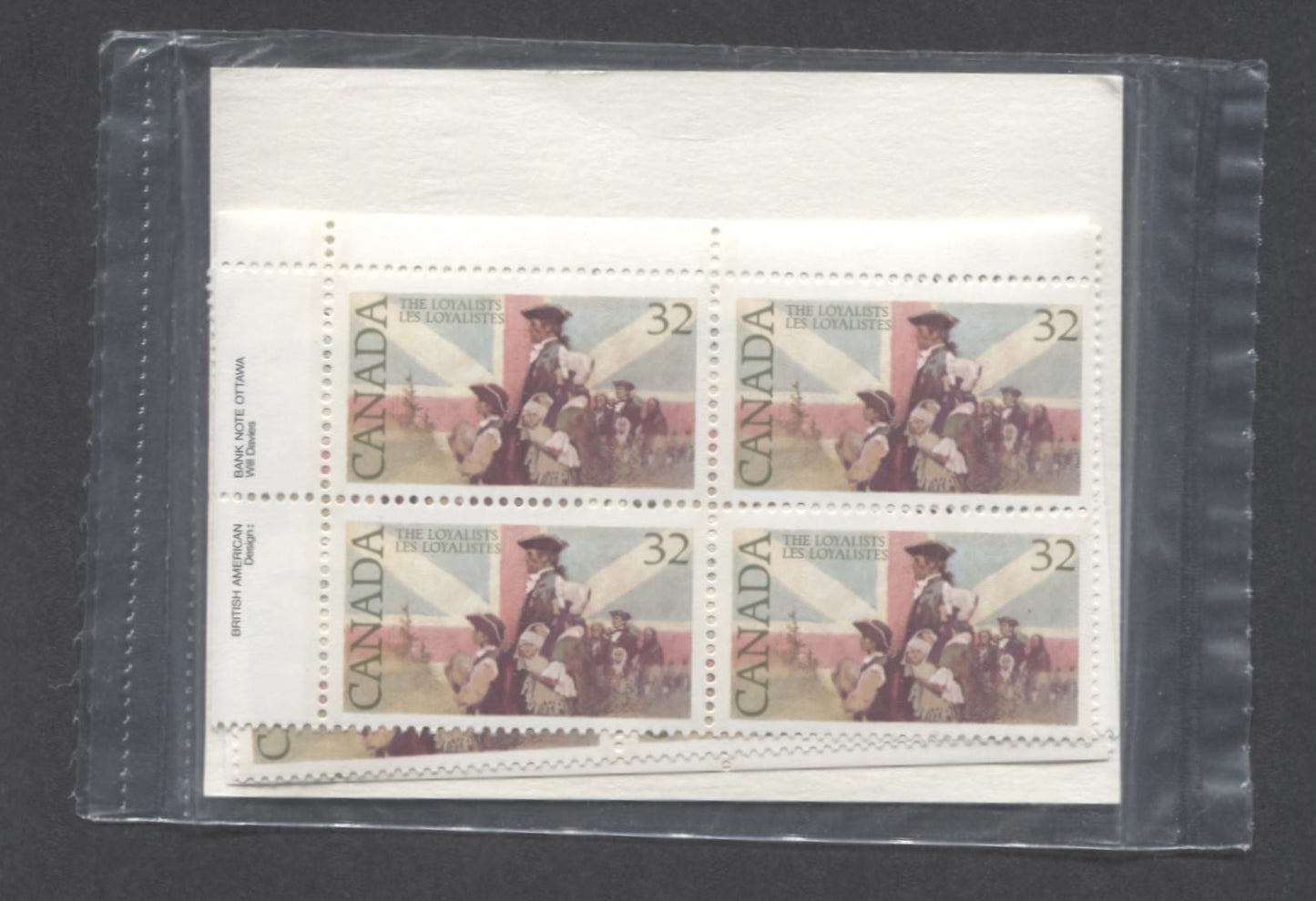 Canada #1028 32c Multicoloured 1984 Loyalists Issue, Canada Post Sealed Pack of Inscription Blocks on NF/DF Clark Paper, With DF Type 4A  Insert Card, VFNH, Unitrade Cat. $13