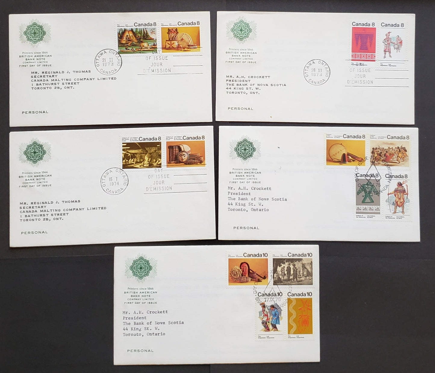 Lot 284 Canada #566/581 8c-10c Multicoloured Various Designs 1973-1976 Indians of Canada Issue, 5 British American Bank Note First Day Covers Franked With Singles, pairs and combinations, DF, LF, MF, HF and HB Paper,  Cat. Value $10