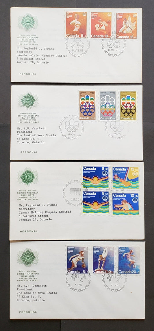 Canada #B1-B12 8c + 2c - 20c + 5c Multicoloured COJO Symbol & Various Sports 1976 Montreal Olympics Semi-Postal Issues, 1 British American Bank Note First Day Covers Franked With Combinations, DF, MF and HF Paper,  Cat. Value $8