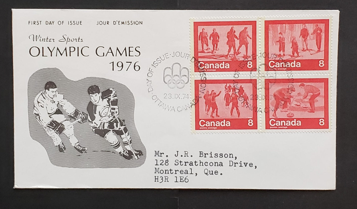 Lot 288 Canada #644-647 8c  Red Snowshoeing, Skiing, Skating & Curling 1974 Winter Sports Issue, 1 NRC  First Day Covers Franked With Block, HB Paper,  Cat. Value $2
