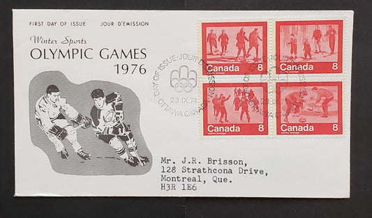 Lot 288 Canada #644-647 8c  Red Snowshoeing, Skiing, Skating & Curling 1974 Winter Sports Issue, 1 NRC  First Day Covers Franked With Block, HB Paper,  Cat. Value $2