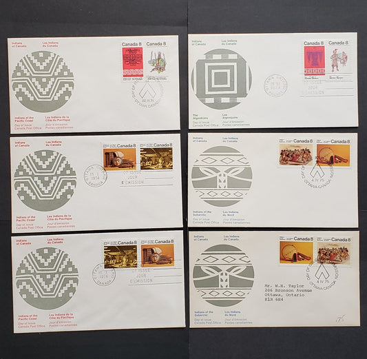 Lot 292 Canada #570-571, 574-575, 578-581 8c-10c Multicolored Various Designs 1974-1976 Subarctic, Algonkian, Pacific Coast & Iroquois Indians, 10 Canada Post First Day Covers Franked With Pairs, HF, MF & DF Paper, DF Envelopes, Cat. Value $20