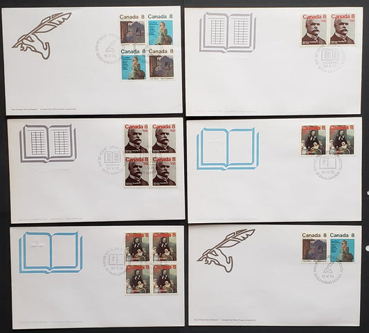 Canada #658-663 8c Multicolored Various Designs 1975 Commemoratives, 9 Canada Post First Day Covers Franked With Blocks & Pairs, DF & MF, Smooth & Ribbed Paper, HB Envelopes, Cat. Value $17.4