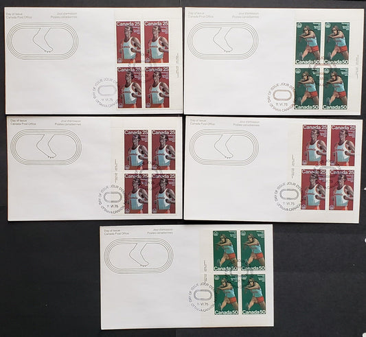 Canada #665-666 25c-50c Multicoloured Various Designs 1975 Track & Field Sports, 5 Canada Post First Day Covers Franked With UL, UR & LL Blocks, HF Paper, HB Envelopes, Cat. Value $24