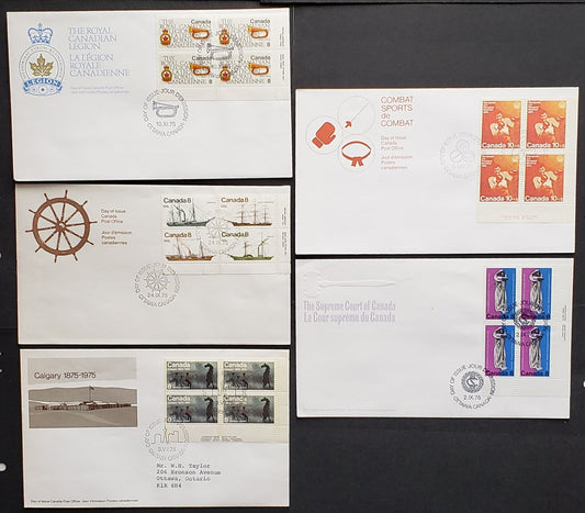 Canada #667/680 8c-10+5c Multicoloured Various Designs 1975 Commemoratives & Semi Postals, 5 Canada Post First Day Covers Franked With LR Blocks, DF, LF, MF & HB Paper, DF & HB Envelopes Legion Issue Is Lf, Cat. Value $23