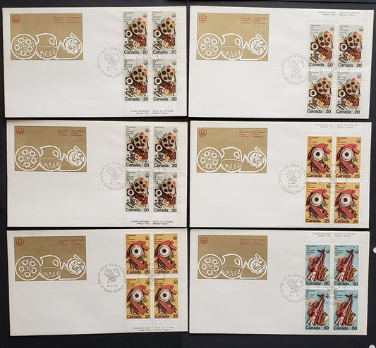 Canada #684-686 20c-50c Multicoloured Various Designs 1976 Commemoratives, 6 Canada Post First Day Covers Franked With UR & LR Blocks, MF & HF Paper, DF-fl & LF-fl Envelopes, Cat. Value $22.8