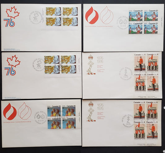 Canada #683,691,693a 8c-20c Multicoloured Various Designs 1976 Commemoratives, 6 Canada Post First Day Covers Franked With UR, LL & LR Blocks, DF & LF Paper, DF-fl & LF-fl Envelopes, Cat. Value $13.4